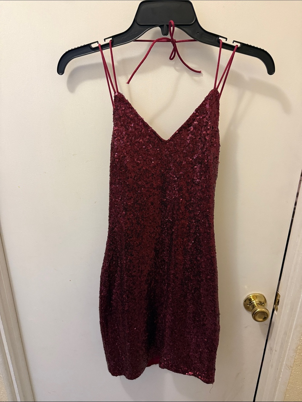 Bear Dance Burgundy Sequin Spaghetti-Strap Mini Dress